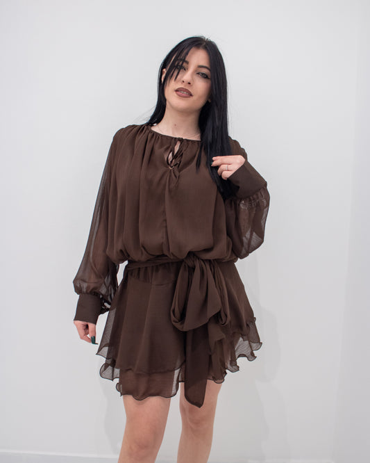 Abito Mini Fluido in Chiffon con Scollo a Goccia e Cintura a Fiocco  Marrone