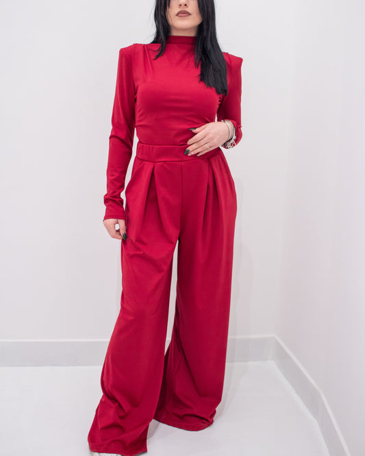 Coordinato Rosso: Maglia Lupetto e Pantalone Palazzo a Vita Alta