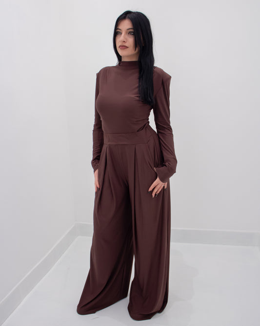 Coordinato Marrone: Maglia Lupetto e Pantalone Palazzo a Vita Alta