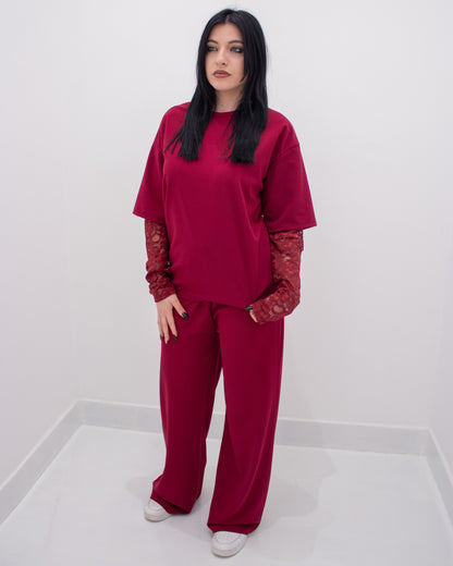 Coordinato con manica in Pizzo Bordeaux