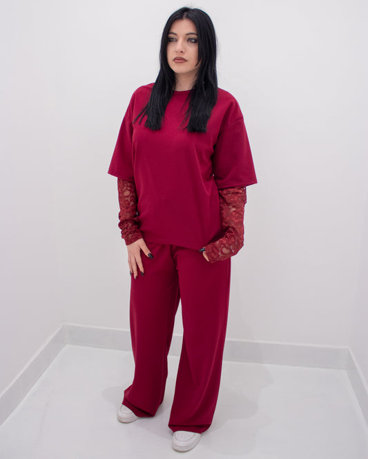 Coordinato con manica in Pizzo Bordeaux