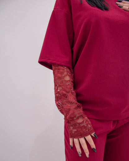 Coordinato con manica in Pizzo Bordeaux