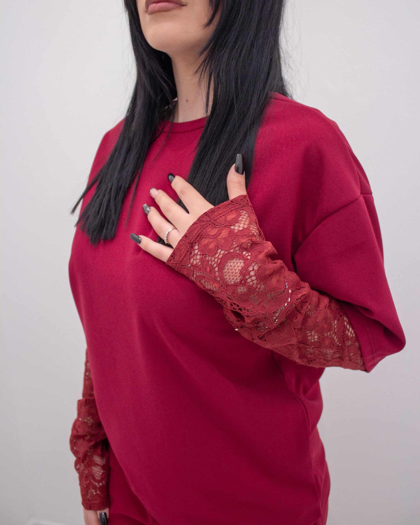 Coordinato con manica in Pizzo Bordeaux