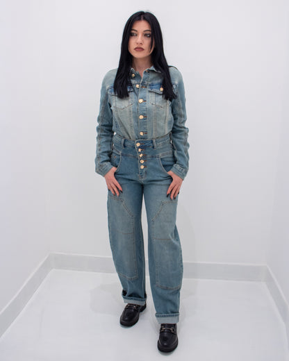 Pantalone Denim con Bottoni Gioiello