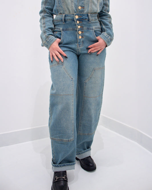 Pantalone Denim con Bottoni Gioiello