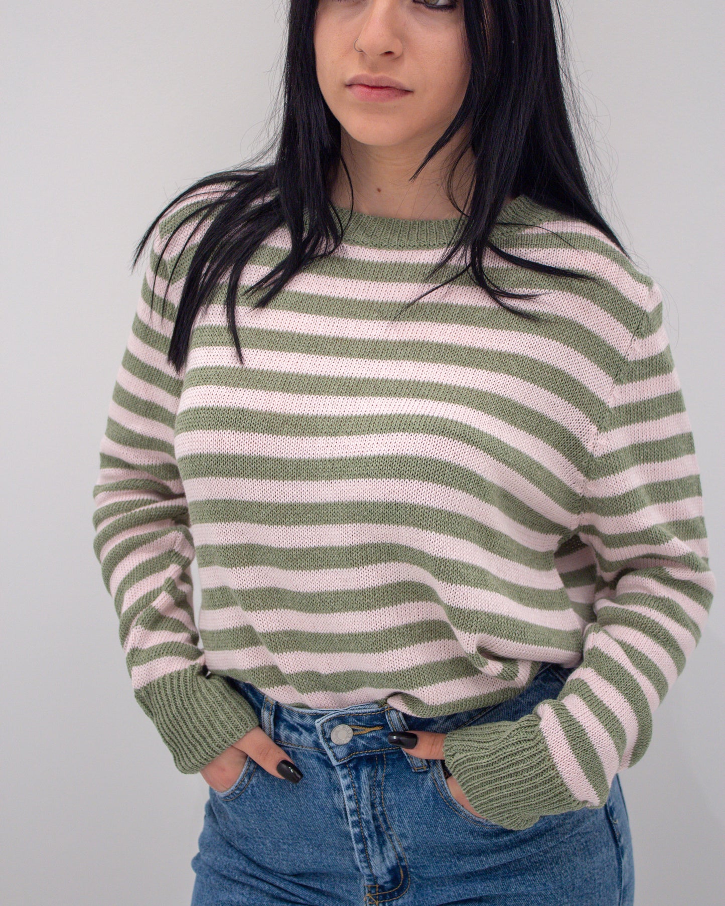 Maglia a Righe Verde/Rosa Cipria