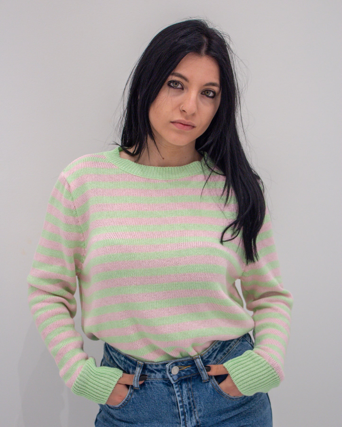 Maglia a Righe Verde/Rosa Pastello